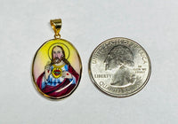 Vintage NOS 10K Enameled Saint Lucy & Sacred Heart 25mm x 20mm Oval Scapular Medal