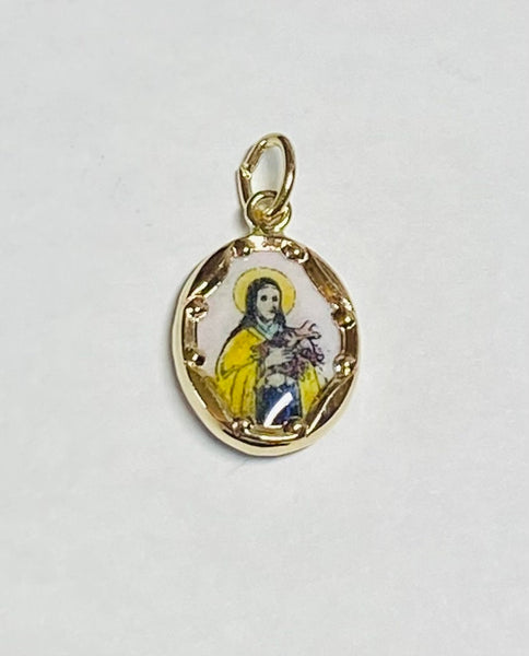 Vintage NOS 10K Yellow Gold Enameled Saint Therese of the Little Flower "Santa Teresita" 13mm x 10mm Oval Medal