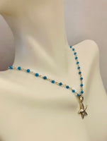 Sterling Silver and Genuine 2.5mm Faceted Turquoise Bead 17" Necklace with Starfish Pendant