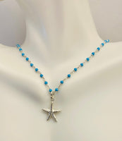 Sterling Silver and Genuine 2.5mm Faceted Turquoise Bead 17" Necklace with Starfish Pendant