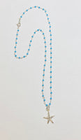 Sterling Silver and Genuine 2.5mm Faceted Turquoise Bead 17" Necklace with Starfish Pendant