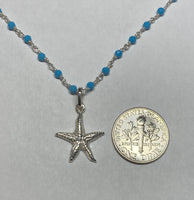 Sterling Silver and Genuine 2.5mm Faceted Turquoise Bead 17" Necklace with Starfish Pendant