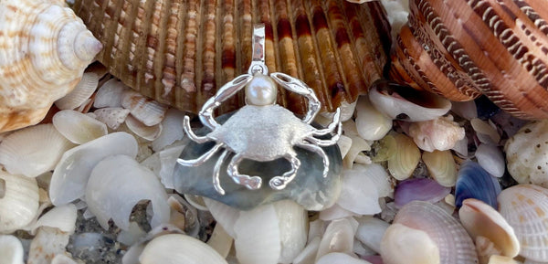 Sterling Silver & Genuine 6mm Freshwater Pearl Crab Pendant with Textured Finish