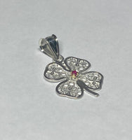 Sterling Silver and 14 Karat Yellow Gold Four Leaf Clover Pendant with Genuine Ruby