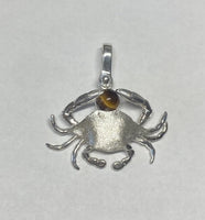 Sterling Silver and Genuine 6mm Tiger's Eye Crab Pendant with Textured Finish