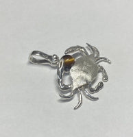 Sterling Silver and Genuine 6mm Tiger's Eye Crab Pendant with Textured Finish