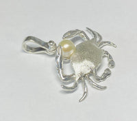 Sterling Silver & Genuine 6mm Freshwater Pearl Crab Pendant with Textured Finish