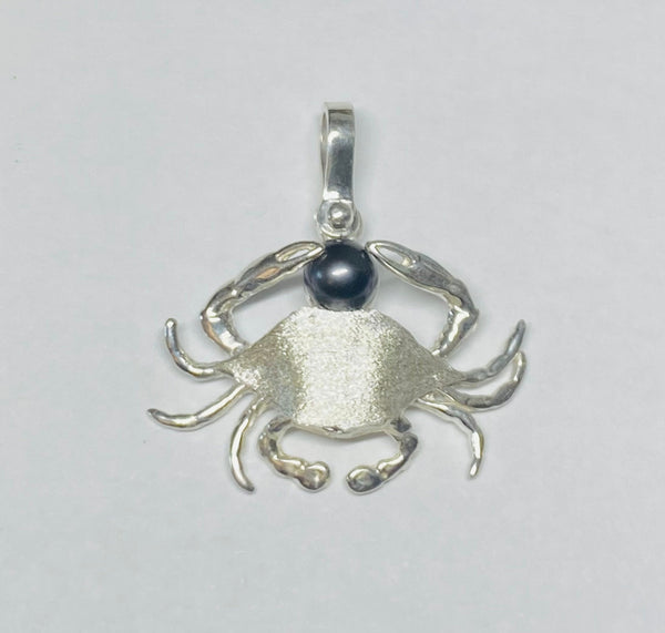 Sterling Silver & Genuine 6mm Black Freshwater Pearl Crab Pendant with Textured Finish