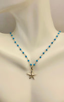 Sterling Silver and Genuine 2.5mm Faceted Turquoise Bead 17" Necklace with Starfish Pendant