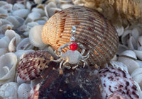 Sterling Silver and Genuine 6mm Coral Crab Pendant with Textured Finish