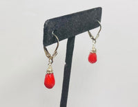 Sterling Silver 10x6mm Faceted Dyed Red Coral Teardrop Shell Design Leverback Earrings