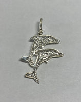 Sterling Silver Jumping Dolphins Pendant with Genuine Diamond Eyes