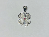 Sterling Silver and 14 Karat Yellow Gold Four Leaf Clover Pendant with Genuine Ruby