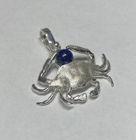 Sterling Silver and Genuine 6mm Lapis Lazuli Crab Pendant with Textured Finish