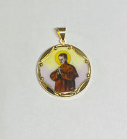 Vintage NOS 10KT Yellow Gold Enameled Saint John Bosco & Sacred Heart of Jesus Scapular 23.7mm Medal