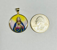 Vintage NOS 10KT Yellow Gold Enameled Saint John Bosco & Sacred Heart of Jesus Scapular 23.7mm Medal