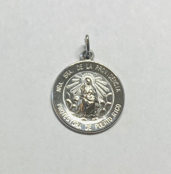 Sterling Silver Rhodium-plated Señora de la Providencia "Protectora de Puerto Rico" 14.7mm (0.58") Round Medal