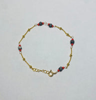 18K Yellow Gold Plated Sterling Silver Genuine 3mm Azabache Jet and Coral Satellite Chain 7" Bracelet