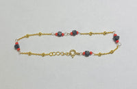 18K Yellow Gold Plated Sterling Silver Genuine 3mm Azabache Jet and Coral Satellite Chain 7" Bracelet