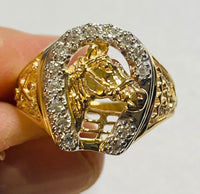 10 Karat Yellow Gold & Genuine 0.28 Carat TW Diamond Horseshoe w/Horse Western Ring