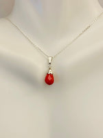 Sterling Silver 10x6mm Faceted Dyed Red Coral Teardrop Pendant with Chain