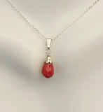 Sterling Silver 10x6mm Faceted Dyed Red Coral Teardrop Pendant with Chain