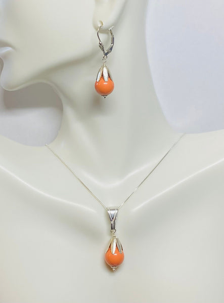 Sterling Silver and Swarovski 10mm Pink Coral Beads Pendant, Earrings or Set