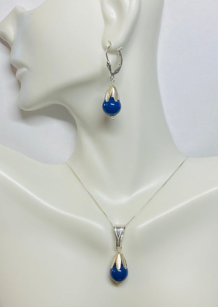 Sterling Silver and Swarovski 10mm Simulated Dark Lapis Beads Pendant, Earrings or Set