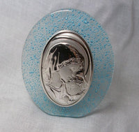 Laminate Sterling Silver and Aqua Blue Glass Virgin Mary and Baby Jesus Decorative Ornament