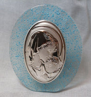 Laminate Sterling Silver and Aqua Blue Glass Virgin Mary and Baby Jesus Decorative Ornament