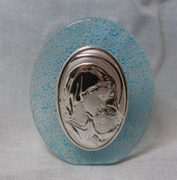 Laminate Sterling Silver and Aqua Blue Glass Virgin Mary and Baby Jesus Decorative Ornament