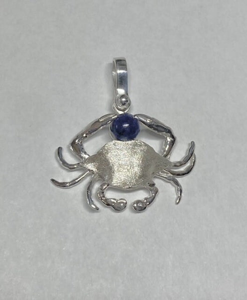 Sterling Silver and Genuine 6mm Lapis Lazuli Crab Pendant with Textured Finish