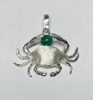 Sterling Silver and Genuine 6mm Malachite Crab Pendant with Textured Finish