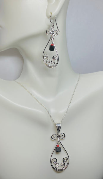 Sterling Silver Spiral with Genuine 6mm Azabache Jet and Coral Pendant or Earrings (also sold as a set)