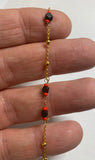 18K Yellow Gold Plated Sterling Silver Genuine 3mm Azabache Jet and Coral Satellite Chain 7" Bracelet