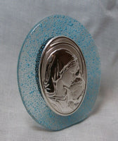 Laminate Sterling Silver and Aqua Blue Glass Virgin Mary and Baby Jesus Decorative Ornament