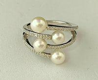 Sterling Silver Honora Cultured Freshwater Pearl & Diamond Zigzag By-pass Ring