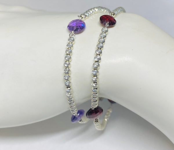 Sterling Silver Diamond-cut Bead and Genuine Round Briolette-cut 8mm Amethyst or Garnet 7.25" Bracelet