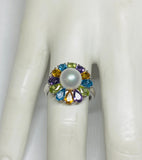 Sterling Silver Genuine Color Gemstones and 8mm Freshwater Pearl Ring