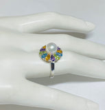 Sterling Silver Genuine Color Gemstones and 8mm Freshwater Pearl Ring