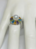 Sterling Silver Genuine Color Gemstones and 8mm Freshwater Pearl Ring