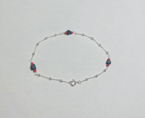 Sterling Silver and Genuine 4mm Azabache Jet with Coral Satellite Link 7.5" Bracelet or 9" Anklet