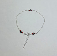 Sterling Silver and Genuine 3mm Azabache Jet with Coral Satellite Link 7" Bracelet w/1" Extension