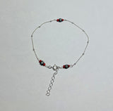 Sterling Silver and Genuine 3mm Azabache Jet with Coral Satellite Link 7" Bracelet w/1" Extension