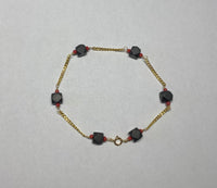 14 Karat Yellow Gold and Genuine 6mm Azabache Jet and Coral Curb Link 8" Bracelet