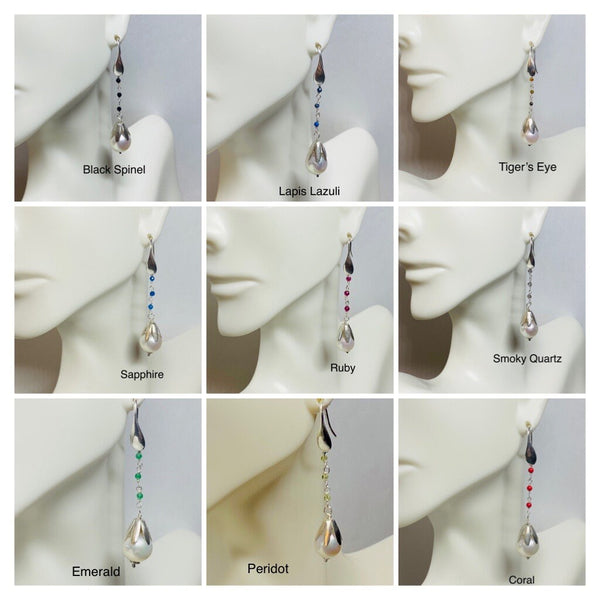 Sterling Silver Genuine 10mm Freshwater Pearls and Gemstones Dangle Earrings