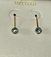 14 Karat Yellow Gold and Genuine 5mm Sky Blue Topaz Dainty Style Dangle Earrings