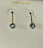 14 Karat Yellow Gold and Genuine 5mm Sky Blue Topaz Dainty Style Dangle Earrings