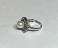 Sterling Silver Genuine Color Gemstones and 8mm Freshwater Pearl Ring