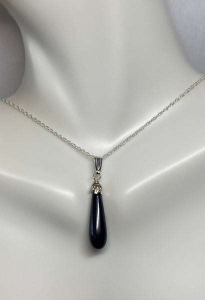 Sterling Silver and Genuine Black Onyx Pendant with 18" Loose Rope Chain